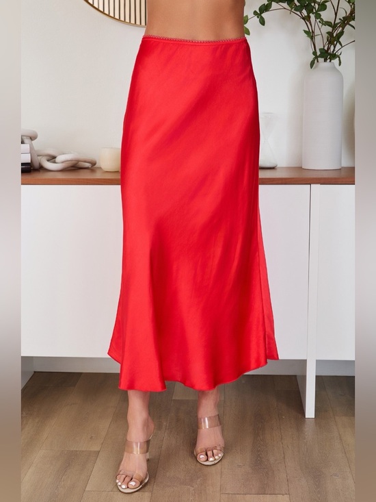 Milio Milano Dresses & Skirts - (9298/235110-RED) SOLID ELASTIC LACE TRIM WAIST SILKY VISCOSE MAXI SKIRT